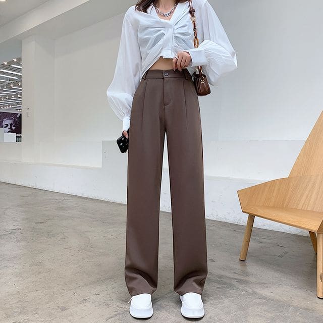 High Waist Plain Wide Leg Slacks