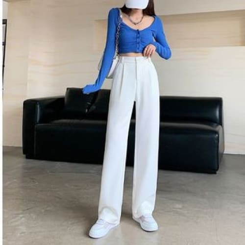 High Waist Plain Wide Leg Slacks - Cropped Edition - White