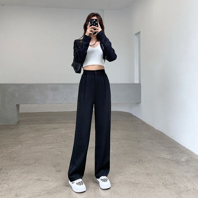 High Waist Plain Wide Leg Slacks - Normal Edition - Black