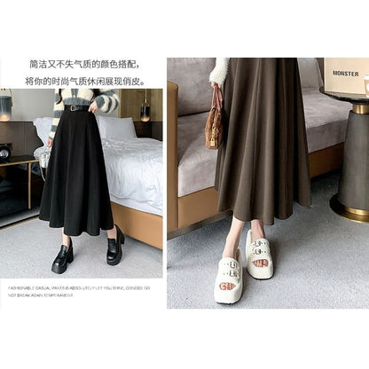 High-Waist Plain Woolen A-Line Skirt