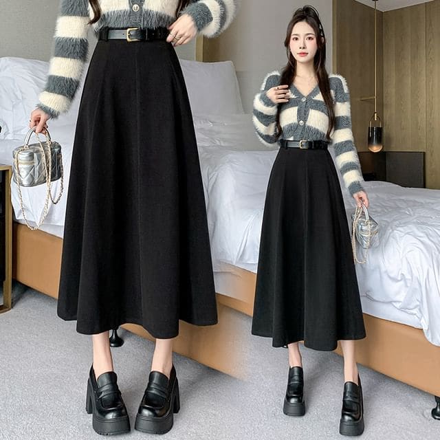 High-Waist Plain Woolen A-Line Skirt - Black / S