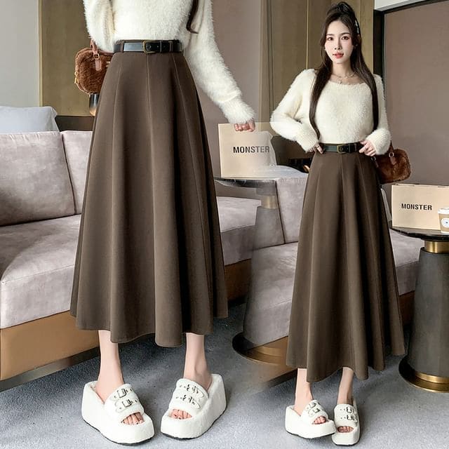 High-Waist Plain Woolen A-Line Skirt - Coffee / S