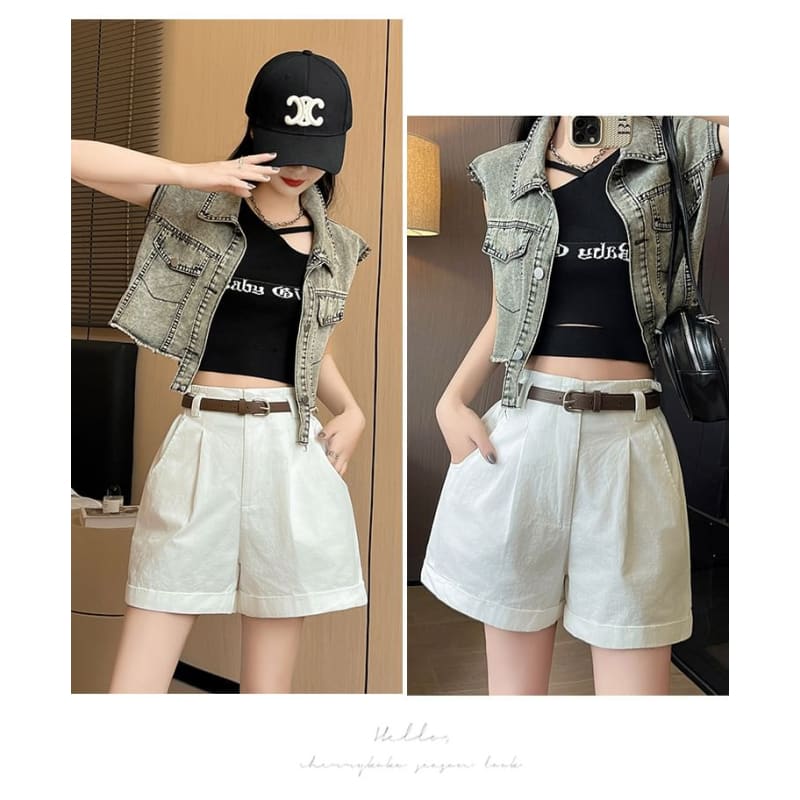 High Waist Pleated Casual Shorts With Rolled Hem Egirldoll