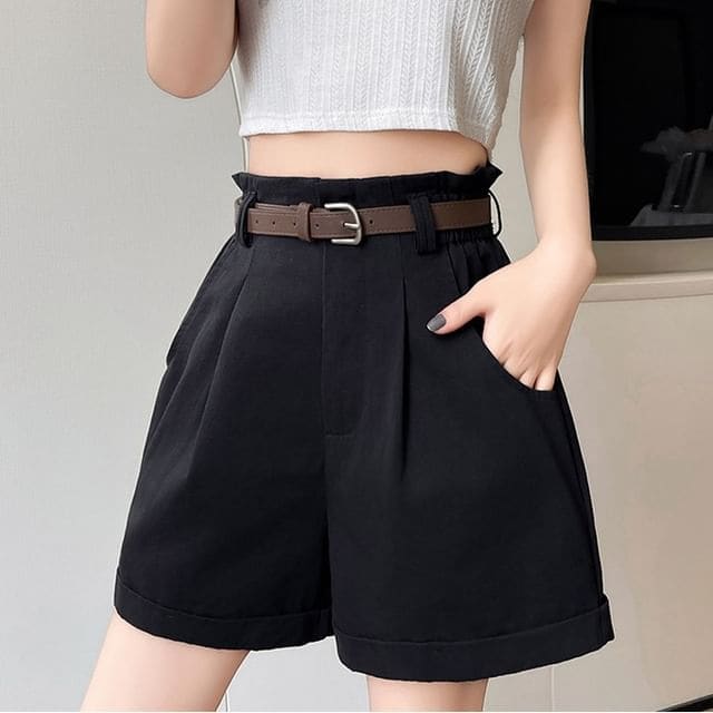 High Waist Pleated Casual Shorts With Rolled Hem Egirldoll