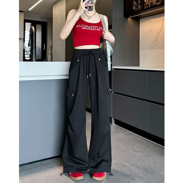 High Waist Pocketed Drawstring Wide Leg Parachute Cargo