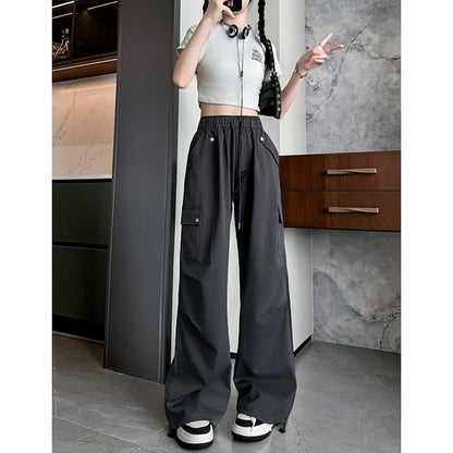 High Waist Pocketed Drawstring Wide Leg Parachute Cargo