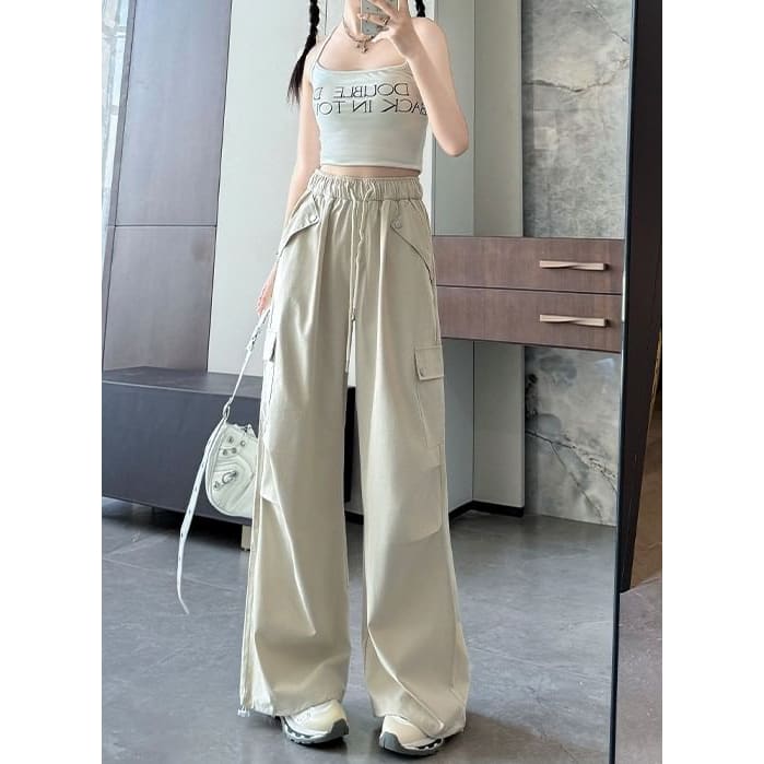 High Waist Pocketed Drawstring Wide Leg Parachute Cargo