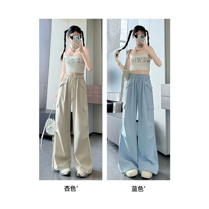 High Waist Pocketed Drawstring Wide Leg Parachute Cargo