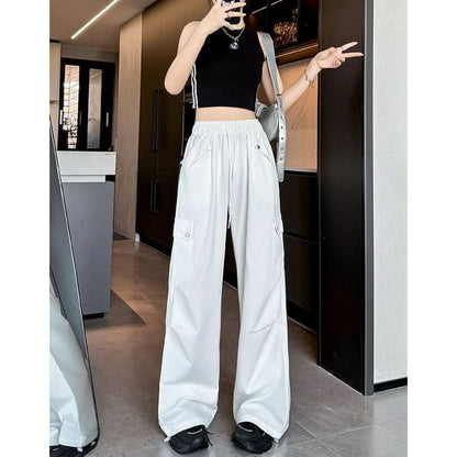 High Waist Pocketed Drawstring Wide Leg Parachute Cargo