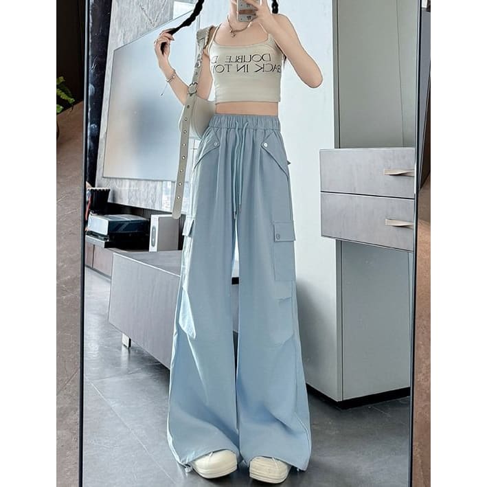 High Waist Pocketed Drawstring Wide Leg Parachute Cargo