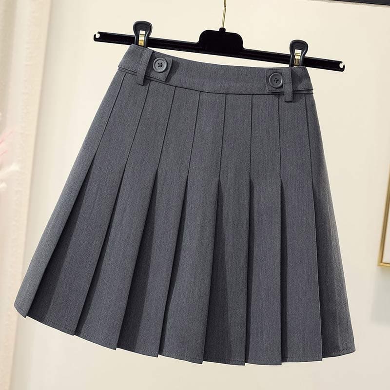 High Waist Pure Color Pleated Skirt - Gray / S