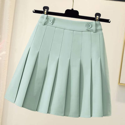 High Waist Pure Color Pleated Skirt - Green / S