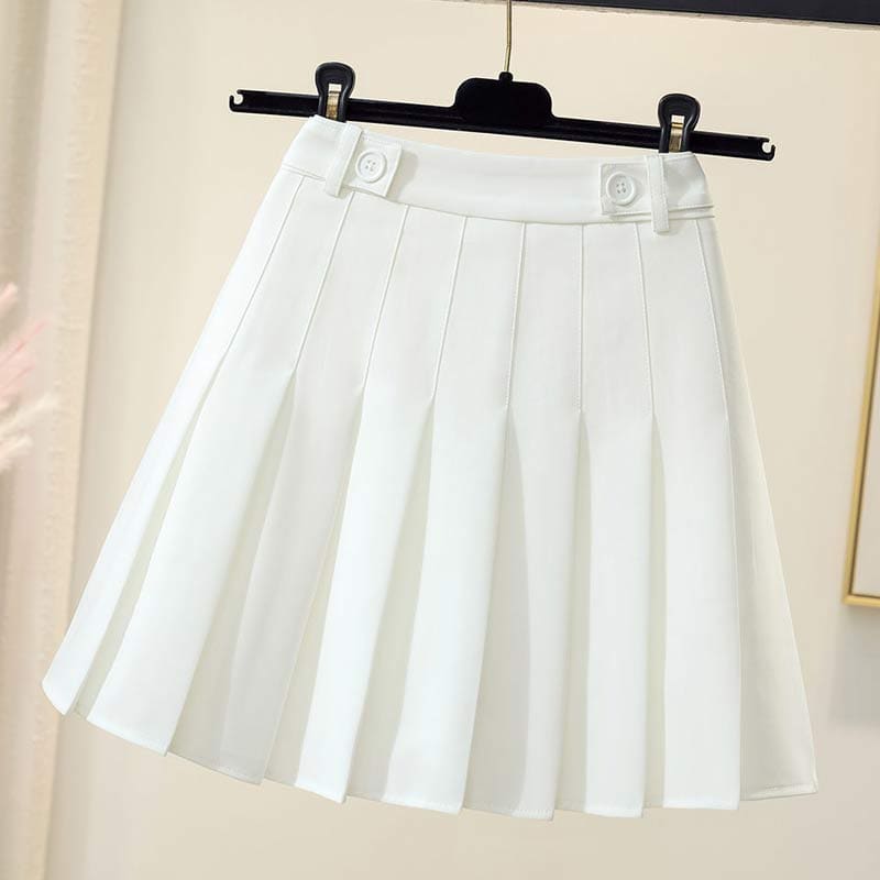 High Waist Pure Color Pleated Skirt - White / S