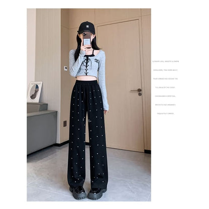 High Waist Rhinestone Wide Leg Pants