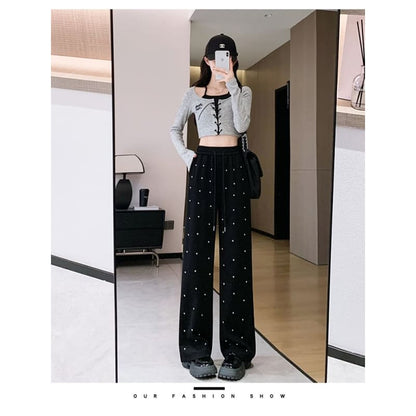 High Waist Rhinestone Wide Leg Pants