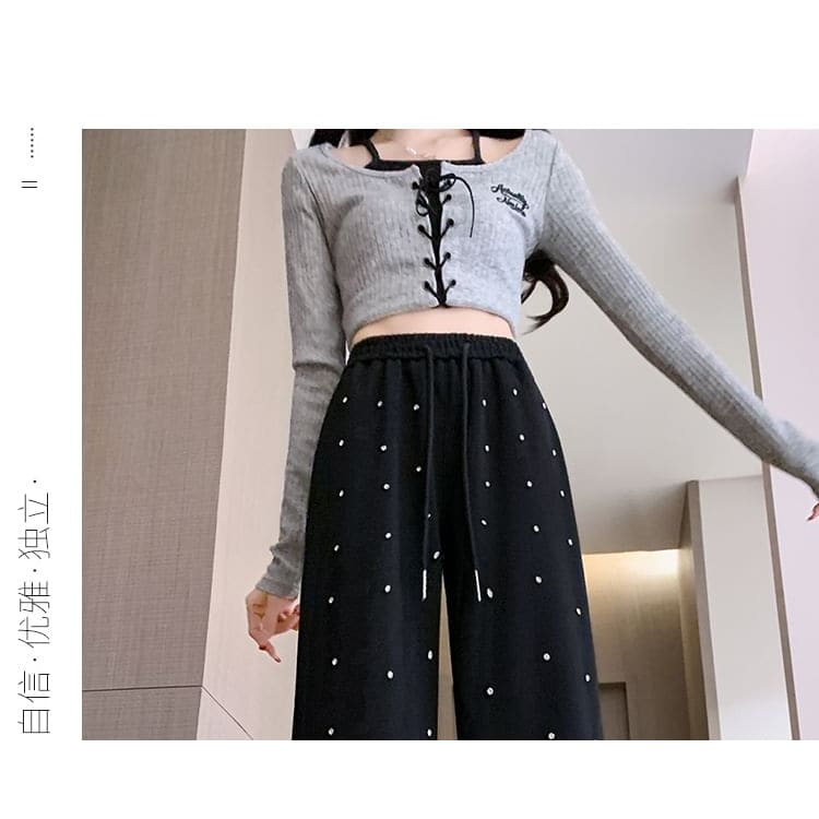 High Waist Rhinestone Wide Leg Pants