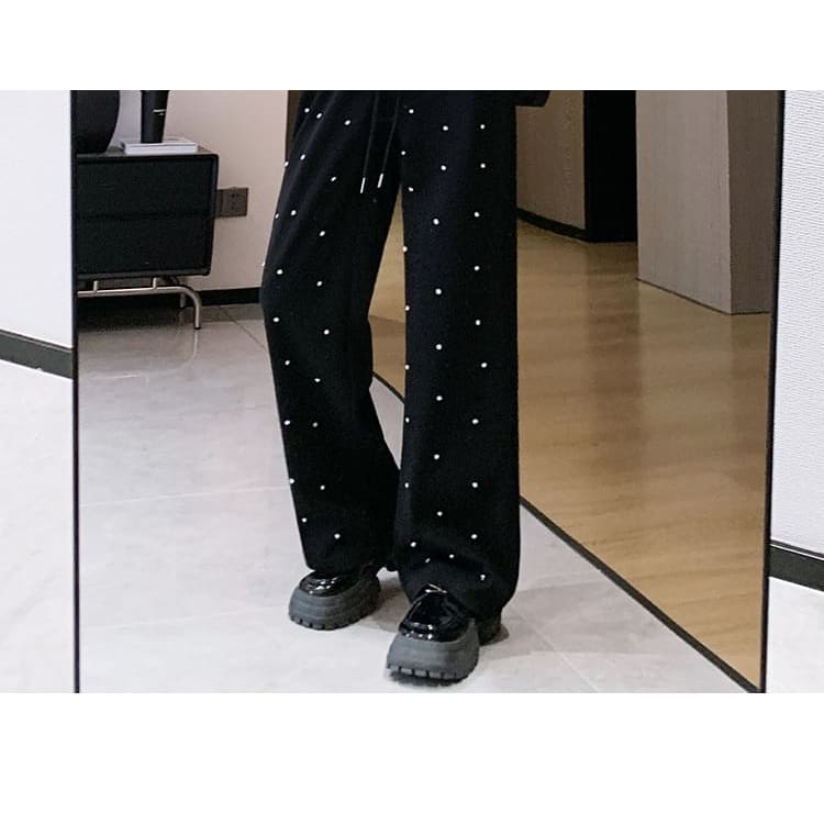 High Waist Rhinestone Wide Leg Pants