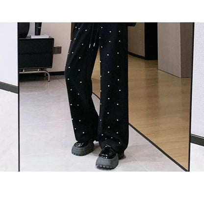 High Waist Rhinestone Wide Leg Pants