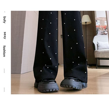 High Waist Rhinestone Wide Leg Pants