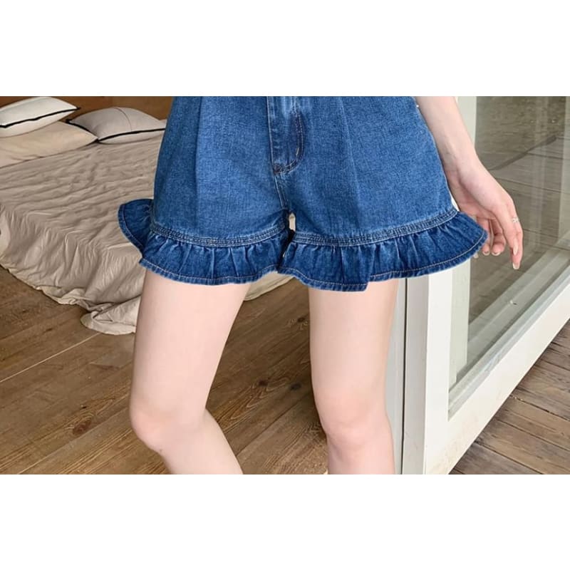 High Waist Ruffle Hem Denim Shorts