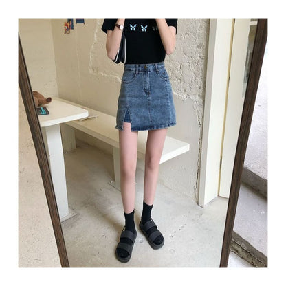 High Waist Slit Denim Mini Pencil Skort