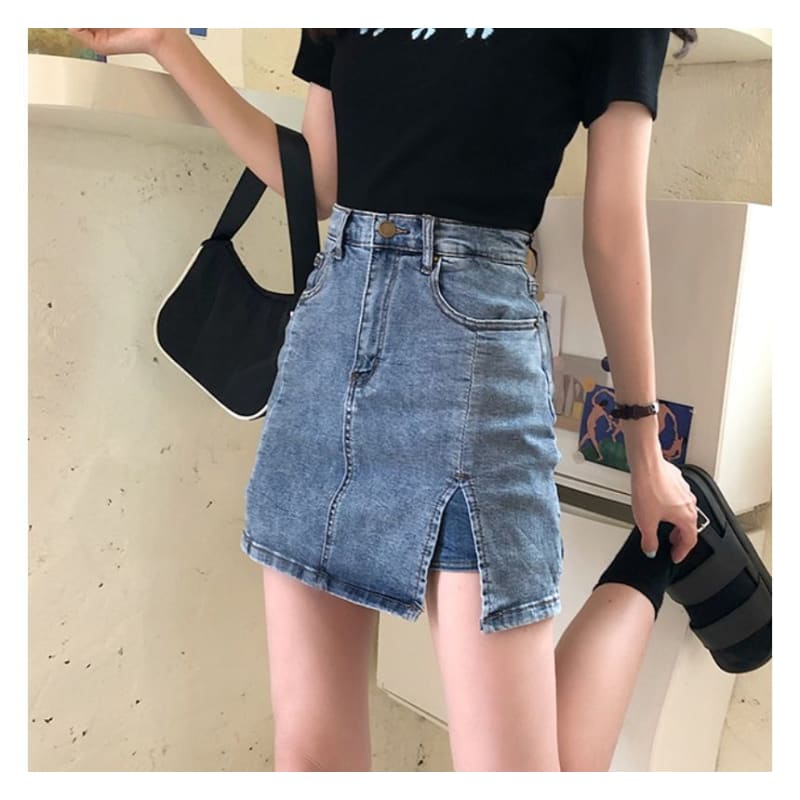 High Waist Slit Denim Mini Pencil Skort