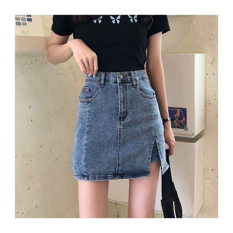 High Waist Slit Denim Mini Pencil Skort