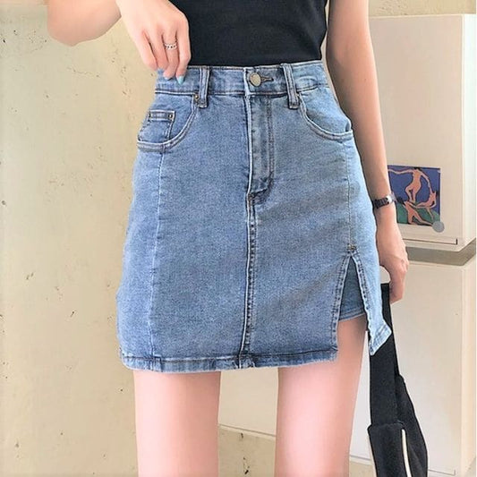 High Waist Slit Denim Mini Pencil Skort