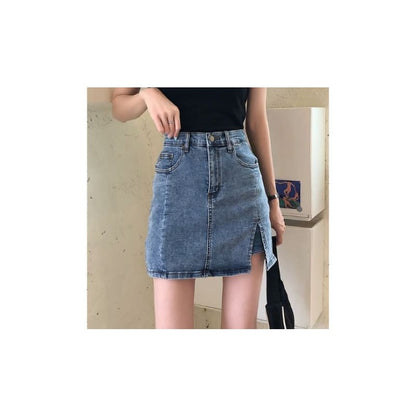 High Waist Slit Denim Mini Pencil Skort