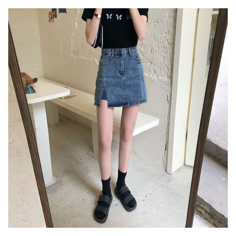 High Waist Slit Denim Mini Pencil Skort