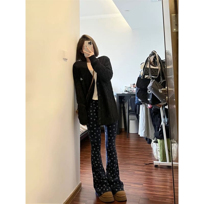 High Waist Smiley Face Print Flared Pants