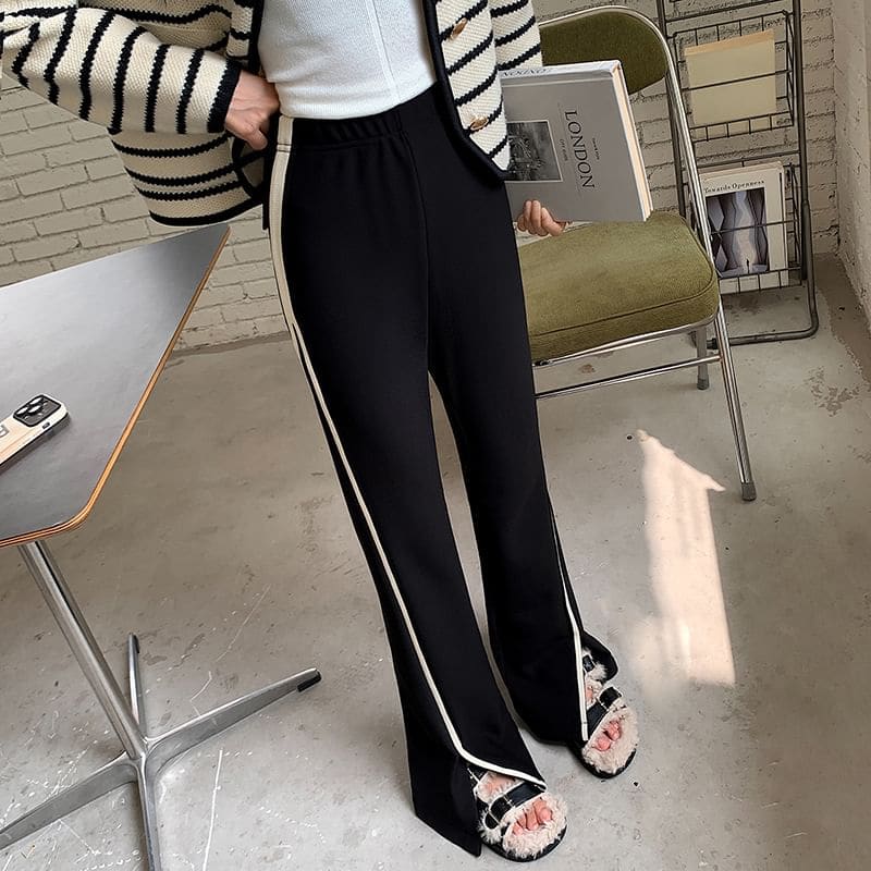 High Waist Striped Slit Fleece-Lined Flared Sweatpants