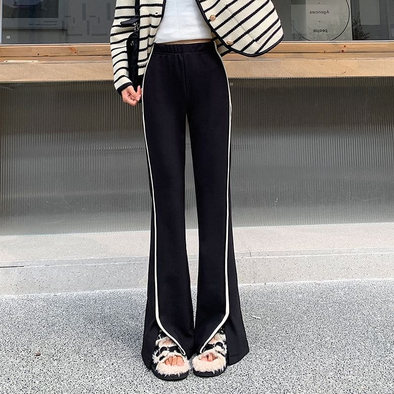 High Waist Striped Slit Fleece-Lined Flared Sweatpants