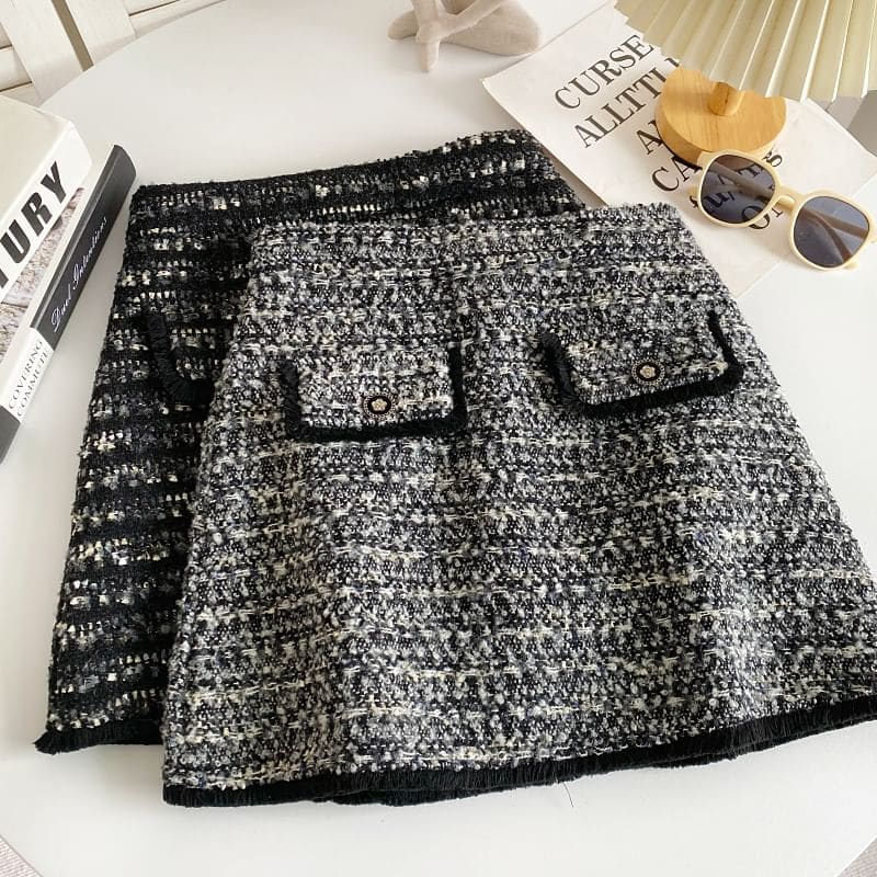 High Waist Tweed Mini A-Line Skirt