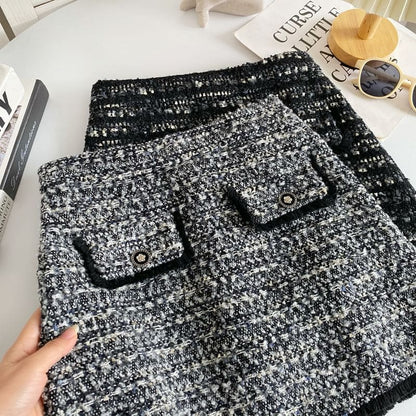 High Waist Tweed Mini A-Line Skirt