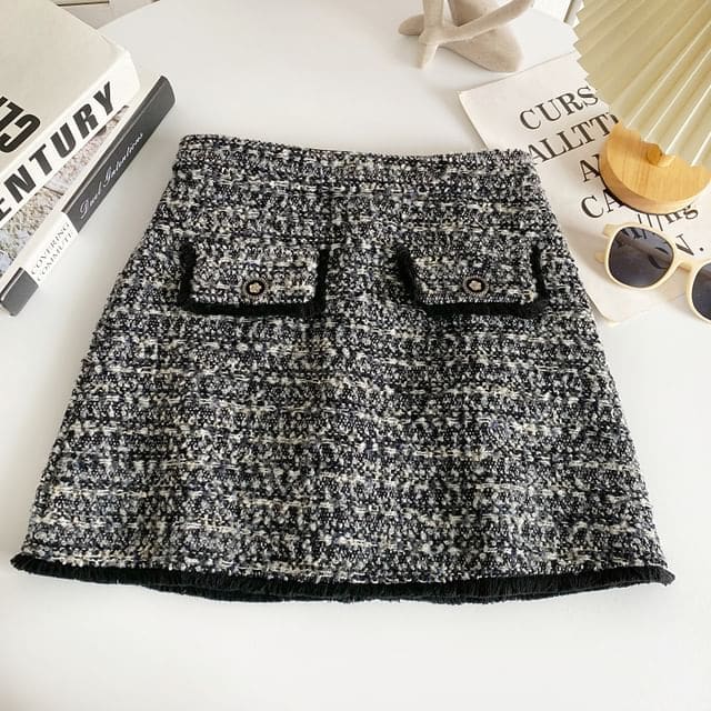 High Waist Tweed Mini A-Line Skirt - Gray / S