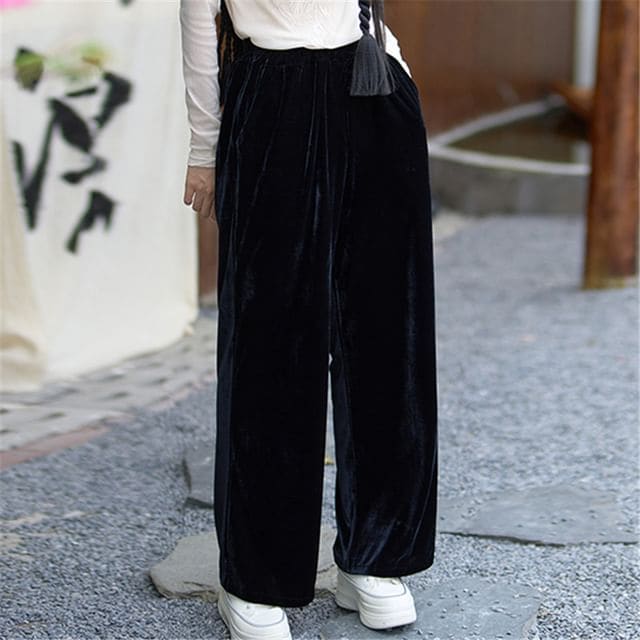 High Waist Velvet Wide Leg Pants - Black / One Size