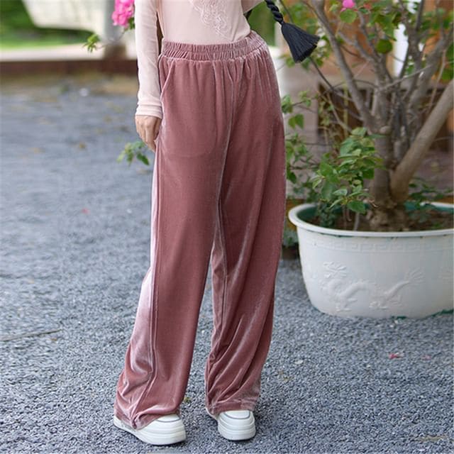 High Waist Velvet Wide Leg Pants - Pink / One Size