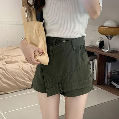 High Waist Washed Asymmetrical Denim Skort - Army Green / S