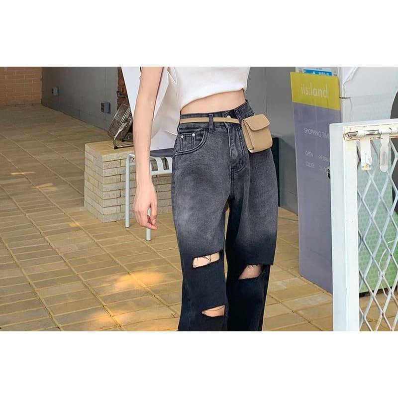 High Waist Washed Distressed Loose Fit Jeans