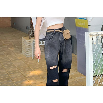 High Waist Washed Distressed Loose Fit Jeans