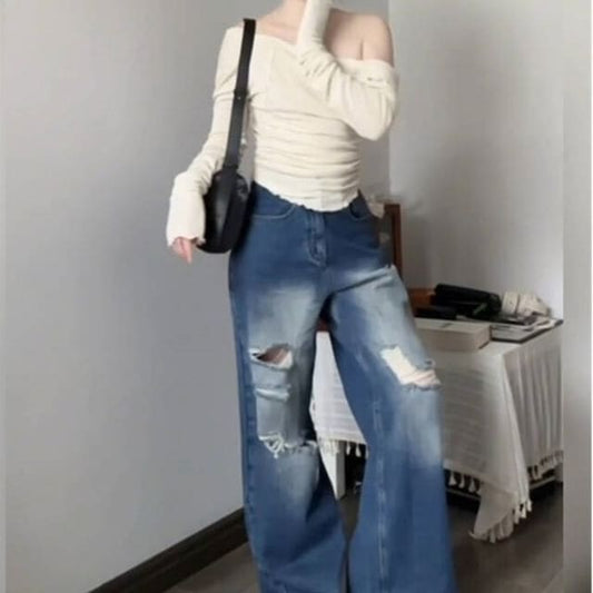 High Waist Washed Distressed Wide Leg Jeans