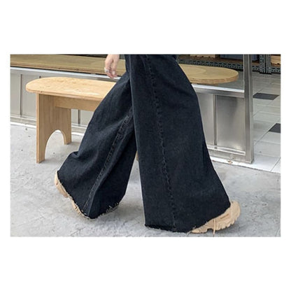 High Waist Washed Fray Hem Maxi Denim Skirt