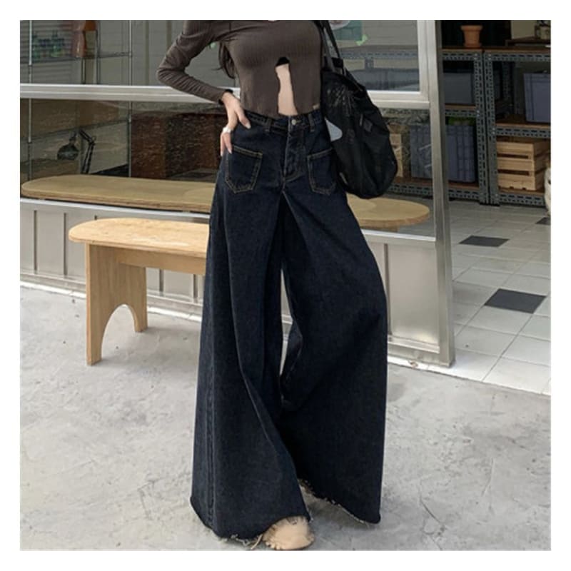 High Waist Washed Fray Hem Maxi Denim Skirt