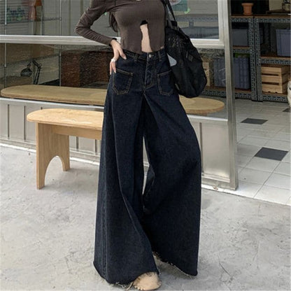 High Waist Washed Fray Hem Maxi Denim Skirt - Black / S