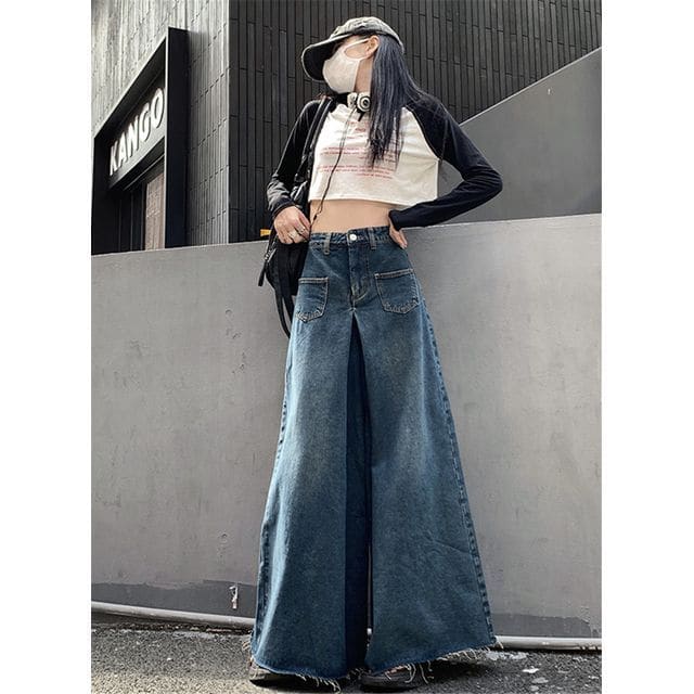 High Waist Washed Fray Hem Maxi Denim Skirt - Blue / S