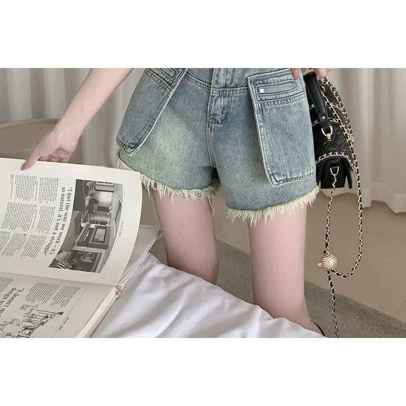 High Waist Washed Fray Mini Denim Shorts