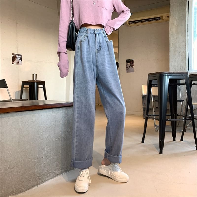 High Waist Washed Loose Fit Jeans