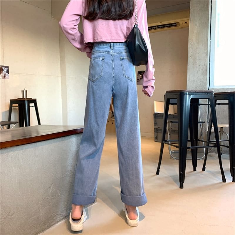 High Waist Washed Loose Fit Jeans