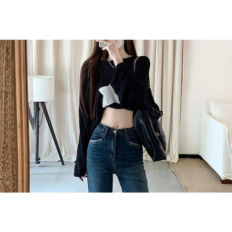 High Waist Washed Panel Cropped Straight Leg Jeans